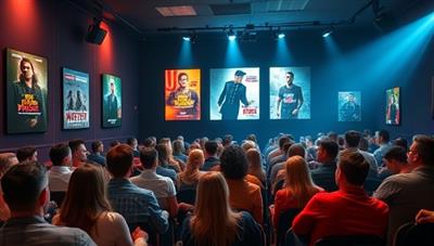 An immersive virtual movie theater setting with movie posters, popcorn, and a diverse audience of film enthusiasts engaged in a film discussion, capturing the communal and cinematic experience of a movie club gathering.