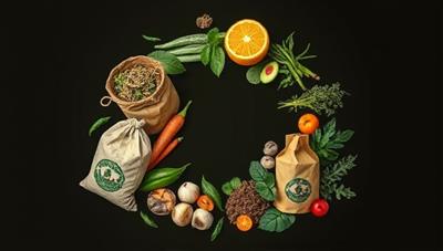 An artistic representation of agricultural waste transformed into vibrant, eco-friendly products like compost bags, plant-based packaging, and renewable energy sources, symbolizing the cycle of sustainability and innovation.