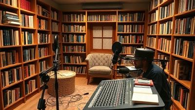 A recording studio setup with professional microphones, soundproof panels, and a mixing console, surrounded by bookshelves filled with literary classics and a cozy reading nook, exuding a creative and immersive atmosphere for podcast production and storytelling exploration.