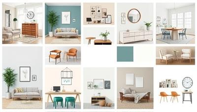 A digital mood board showcasing various interior design elements such as color schemes, furniture styles, and decor accents, arranged in a visually appealing and cohesive layout to inspire clients and illustrate the virtual design process.