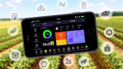 A smartphone displaying the FarmTech Manager app interface with colorful charts, weather updates, and crop monitoring tools, surrounded by a farm landscape and digital icons representing agricultural tasks, illustrating the convenience and efficiency of farm management through technology.
