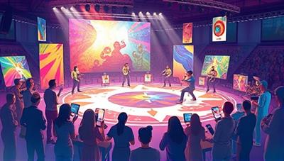 An artistic digital illustration featuring a virtual art battle arena with competing artists creating mesmerizing artworks, a diverse audience watching and voting in real-time, and interactive elements for users to explore and engage with the creative process, capturing the energy and passion of the online art battle arena.