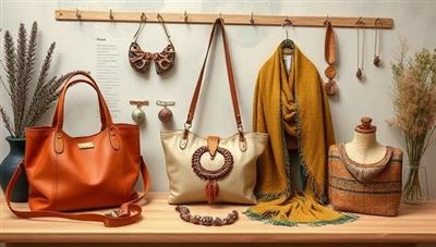 An artistic display of upcycled fashion accessories showcased on a virtual marketplace platform, featuring stylish handbags, jewelry pieces, and scarves crafted from recycled materials, set against a backdrop of nature-inspired textures and ethically sourced elements, conveying a sense of creativity, sustainability, and unique style.