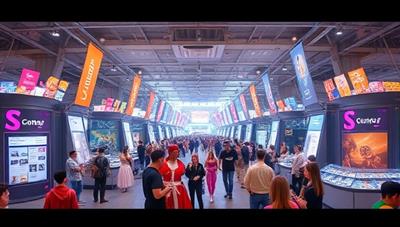 An immersive digital environment resembling a bustling cosplay convention hall filled with colorful costumes, interactive booths, and virtual stages, capturing the essence and excitement of a physical cosplay event in a virtual space.