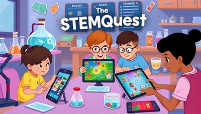 An animated illustration of students playing interactive STEM games on tablets and laptops, surrounded by science equipment and digital devices, showcasing the fun and educational nature of the STEMQuest platform.