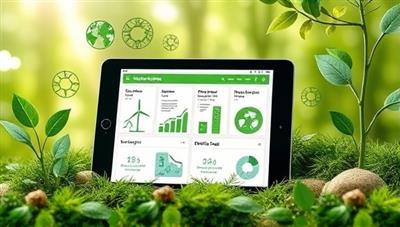 An environmentally themed image featuring a digital tablet displaying sustainable investment options, green energy projects, and ethical funds, surrounded by lush greenery and eco-friendly symbols, conveying the concept of responsible finance and positive impact investing.