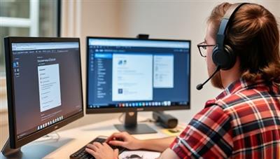 A tech-savvy professional assisting a client remotely by guiding them through a software setup process on a computer screen, showcasing efficient and helpful technical support services.