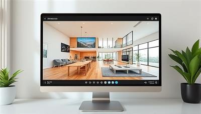 A computer screen displaying a stunning virtual tour of a modern house, with interactive features like room measurements and property details, immersing the viewer in a lifelike property exploration experience.