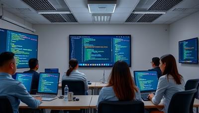 A virtual classroom environment with digital skills trainers leading an interactive coding workshop, displaying lines of code on screens, digital tutorials, and collaborative coding tools, fostering a dynamic and engaging learning atmosphere for digital skills acquisition and career growth.