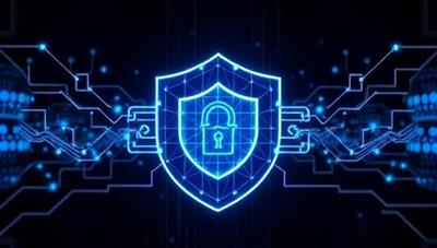An artistic representation of interconnected blockchain blocks forming a shield-like structure, symbolizing the secure and transparent nature of SmartCover's blockchain-based smart insurance contracts.