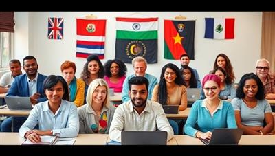A vibrant virtual classroom setting with diverse avatars representing different nationalities engaged in language exchange activities, creating a dynamic and inclusive learning environment.