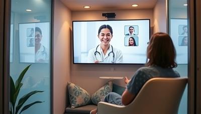 An inviting and modern telehealth booth with a person comfortably seated inside, engaging in a virtual consultation with a healthcare provider displayed on a large screen, showcasing convenience and privacy.