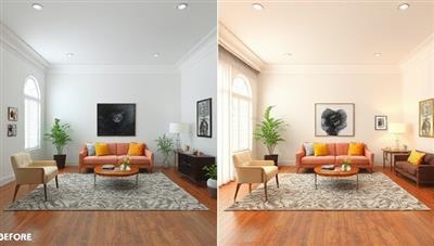 An artistic digital rendering of a room transformation, featuring a side-by-side comparison of a plain space versus a beautifully designed room with furniture, decor accents, and lighting enhancements, illustrating the transformative power of DesignDreamscape's virtual interior design services.