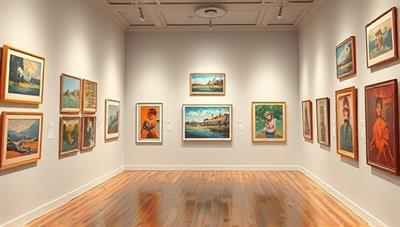 A digital art gallery scene showcasing a variety of artworks displayed on virtual walls, with interactive touchpoints for users to explore each piece, creating an immersive and educational art viewing experience online.