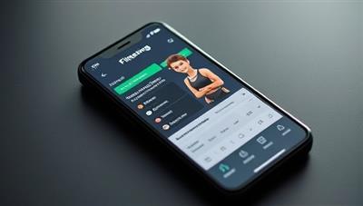A smartphone displaying a fitness app interface with workout schedules, progress tracking features, and a virtual coach avatar, creating an engaging and interactive fitness experience for users.
