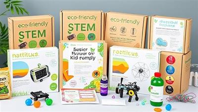 An array of colorful eco-friendly STEM kits with recycled packaging, featuring solar-powered robotics, biodegradable materials, and instructions for hands-on experiments, highlighting the educational and sustainable aspects of the subscription service.
