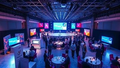 An immersive virtual event space visualization with digital stages, interactive booths, and networking lounges, showcasing the potential of EventSphere to create dynamic and engaging online events for various industries and audiences.