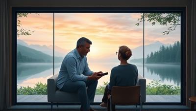 An emotionally supportive image of a virtual therapist engaging in a counseling session with a client, with a calming digital backdrop of nature scenes and peaceful imagery, fostering a sense of mental wellness, comfort, and connection in the virtual therapeutic space.