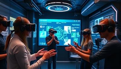 An immersive virtual reality escape room scenario with players wearing VR headsets, interacting with digital puzzles and elements in a futuristic setting, illustrating the engaging and innovative nature of the experience.
