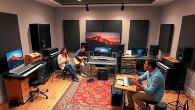 An artistic depiction of a virtual music production studio with a diverse group of participants collaborating on a digital music project, surrounded by musical instruments and recording equipment, capturing the essence of creativity and collaboration in music production.