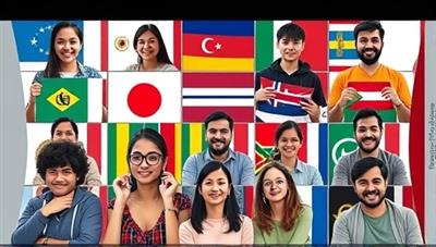 A diverse group of individuals from different cultural backgrounds engaging in a lively virtual language learning session, with language flags in the background symbolizing global connections and learning opportunities.