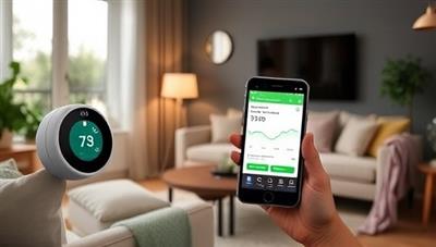 A cozy living room scene with smart devices like a smart thermostat and LED lighting, controlled by a smartphone app, displaying energy savings statistics and eco-friendly tips, creating a modern and sustainable living environment.