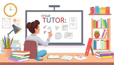 An engaging digital illustration of a virtual tutoring session, featuring a tutor and a student working on a digital whiteboard, surrounded by educational materials and interactive learning tools, conveying academic support and learning success.