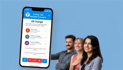An interactive mobile app interface displaying a virtual car maintenance assistant providing step-by-step instructions for an oil change, with a diverse group of car owners looking satisfied and relieved, highlighting the convenience and guidance offered by AutoAid Virtual.