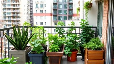 An urban balcony transformed into a lush garden oasis with the GreenPatch Solutions portable garden kit, demonstrating the beauty and functionality of compact urban gardening in a limited space.