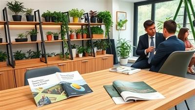 A modern and eco-friendly office space with plant-filled shelves, sustainable investment brochures on a bamboo desk, and a financial advisor discussing green investment opportunities with a client, showcasing a commitment to sustainability and ethical finance.