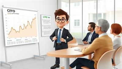 A virtual CFO character standing beside a financial chart, providing advice to a group of diverse business owners in a virtual meeting setting, symbolizing the strategic financial guidance offered by CFO-In-A-Box.