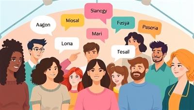 An online platform interface showing diverse avatars engaged in a virtual language learning pod, with speech bubbles in different languages, creating a dynamic and interactive learning atmosphere.