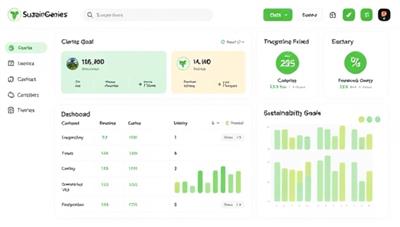 An interactive dashboard displaying personalized sustainability goals and progress trackers for clients, with green badges and achievements unlocking as users adopt more eco-friendly practices, showcasing the transformative impact of SustainGenie's action plans.