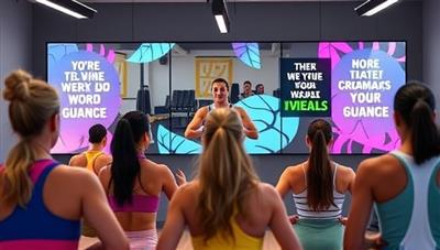 A diverse group of individuals participating in a virtual fitness class led by an energetic coach, with digital fitness trackers and motivational quotes displayed on the screen, illustrating a dynamic and interactive workout experience.