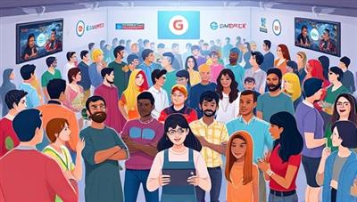 An interactive virtual world showcasing diverse avatars engaging in social activities like gaming discussions, live streams, group chats, and virtual events, symbolizing the dynamic and inclusive community of gamers within the GameSphere social network.