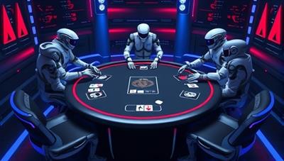 A futuristic representation of a digital poker table with AI avatars coaching players in real-time, analyzing hands, and providing strategic advice, blending the traditional poker setting with cutting-edge AI technology in AI Poker Pro.