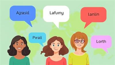 A vibrant digital illustration featuring diverse individuals in virtual conversation bubbles, each labeled with different languages, symbolizing global communication and language exchange.