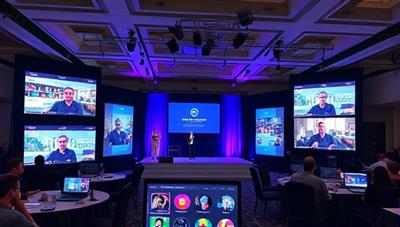 A virtual event setup with multiple screens displaying interactive features, a stage for presentations, and attendees engaging in virtual networking, showcasing the versatility and innovation of virtual event planning through EventCraft Coordinators.