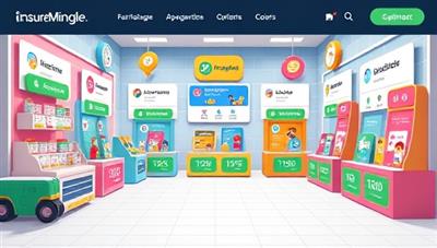 An interactive and visually appealing virtual marketplace showcasing a variety of colorful insurance products with dynamic pricing options, accompanied by cheerful icons representing different life events or activities, creating a playful and engaging user experience on InsureMingle.
