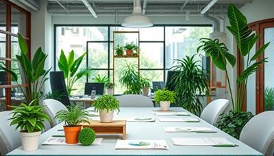 An office setting with eco-friendly elements such as plants, recycled paper, and energy-efficient lighting, symbolizing the blend of sustainability and finance in Green Ledger's consultancy services, portraying innovation and environmental consciousness.