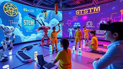 An immersive virtual world filled with colorful STEM challenges, robots, equations, and scientific experiments, with avatars of students collaborating and competing in a fun and educational gaming environment, fostering a love for STEM subjects.