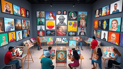 A digital art gallery showcasing a diverse collection of virtual artworks from different artists, surrounded by avatars painting, drawing, and collaborating on various pieces, creating a colorful and interactive art jamming environment that fosters creativity and community in a digital realm.