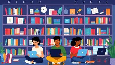 An animated graphic showcasing a virtual library filled with digital study guides, textbooks, and interactive quizzes, with a diverse group of students accessing the resources on their laptops and tablets, illustrating convenience and accessibility in exam preparation.