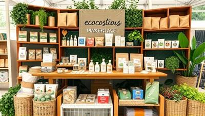 An eco-conscious marketplace display featuring a variety of sustainable products, reusable items, and natural goods, set against a backdrop of greenery and eco-friendly packaging, conveying a message of environmental responsibility and conscious consumer choices.