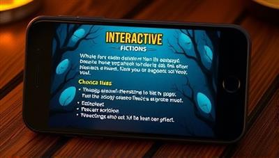 An engaging mobile screen displaying a captivating interactive fiction storyline with multiple choice options, dynamic character illustrations, and atmospheric background music, immersing users in the storytelling experience of the StoryScribe app.