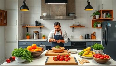 An inviting and well-equipped virtual kitchen studio with a chef conducting a live cooking demonstration, surrounded by fresh ingredients, cooking utensils, and culinary props, inspiring viewers to join Chef's Canvas Academy's culinary masterclass series and explore the world of cooking from home.