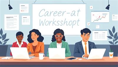An engaging digital illustration featuring a diverse group of professionals participating in a virtual career development workshop, with laptops, resumes, interview tips, and networking visuals, symbolizing career growth, learning, and professional advancement opportunities.