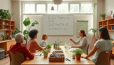 An eco-friendly virtual classroom setting with users participating in a sustainable living workshop, discussing green living tips, sharing DIY upcycling projects, and exploring renewable energy solutions, creating a collaborative and inspiring space for environmental learning and action.