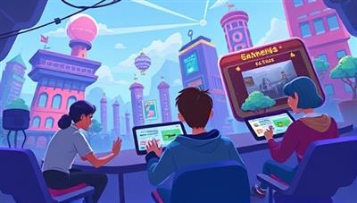 An animated scene of users interacting with gamified ads in a virtual world, collecting rewards and engaging with brand content through playful challenges, highlighting the immersive and engaging nature of AdVenture PlayAds' platform.