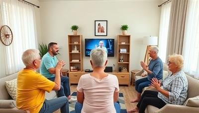 An uplifting and motivational image of a group of seniors participating in an online fitness class led by a coach, showing diverse older adults exercising together in their living rooms, conveying a sense of community and vitality in aging.